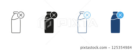 Prohibited Dairy Products Line and Silhouette Icon Set. Cross Sign on Milk Bottle Indicating Dairy Free or Vegan Lifestyle. Editable Stroke. Isolated Vector Illustration 125354984