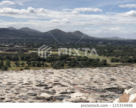 Panoramic view of Teotihuacan, Mexico City from main Pyramid of Sun, largest structure in Teotihuacan Panoramic view of Teotihuacan, Mexico City from main Pyramid of Sun, largest structure in Teotihuacan 125354986