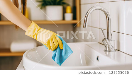Female cleaning bathroom sink with yellow gloves and blue cloth 125355026
