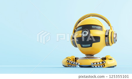 Yellow robot with headphones on blue background 125355101