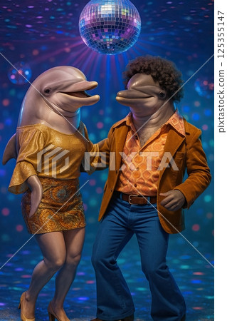 dolphins dressed in funky clothes dancing a funky whale song, in an underwater disco whale club 125355147
