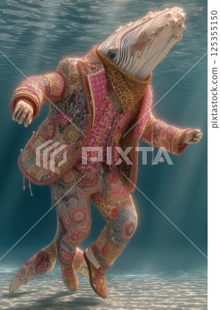 humpback whale dressed in funky clothes dancing a funky whale song, in an underwater disco whale club 125355150