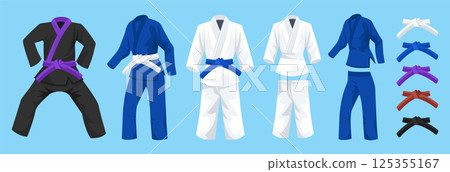 Martial Arts Kimono and Belt Set. Jiu-jitsu Gi Uniform with Color Belts in a vector illustration Martial Arts Kimono and Belt Set. Jiu-jitsu Gi Uniform with Color Belts in a vector illustration 125355167