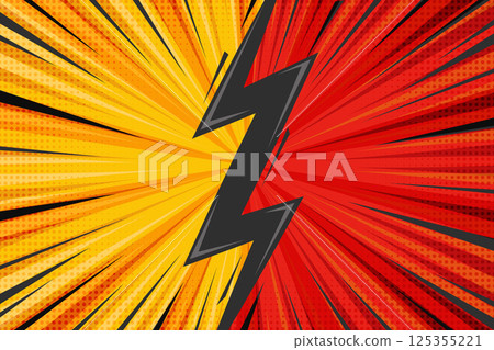 Comic book background. Cartoon pop art design frame with retro effect. Starburst striped poster with blast. Vintage bright superhero backdrop. Vector abstract vs banner 125355221