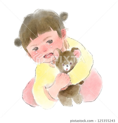 Watercolor illustration of a girl crying while holding a stuffed animal 125355243