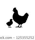 Black silhouette of a hen and chick icon vector 125355252