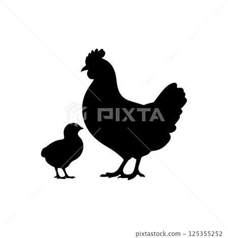 Black silhouette of a hen and chick icon vector 125355252