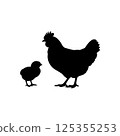 Black silhouette of a hen and chick icon vector 125355253