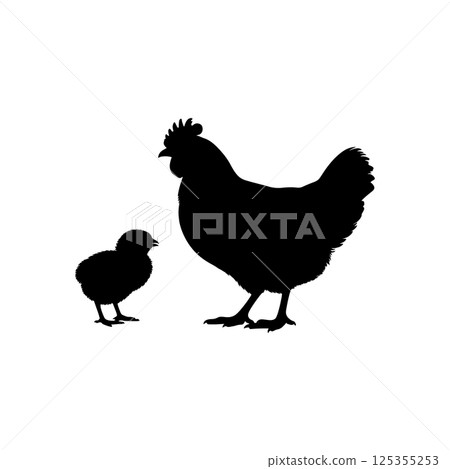 Black silhouette of a hen and chick icon vector 125355253