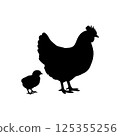 Black silhouette of a hen and chick icon vector 125355256
