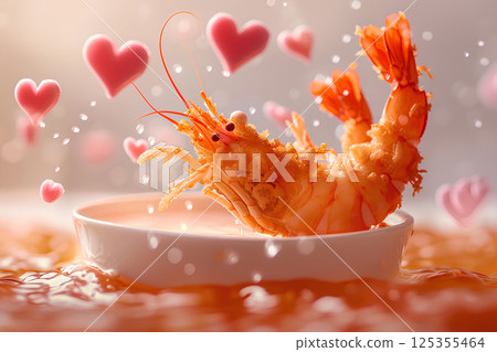 Delicious fried shrimp and hearts in an oil bath Delicious fried shrimp and hearts in an oil bath 125355464