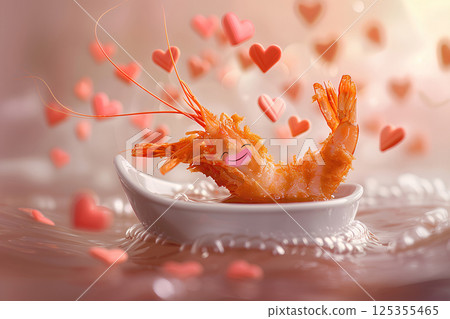 Delicious fried shrimp and hearts in an oil bath Delicious fried shrimp and hearts in an oil bath 125355465