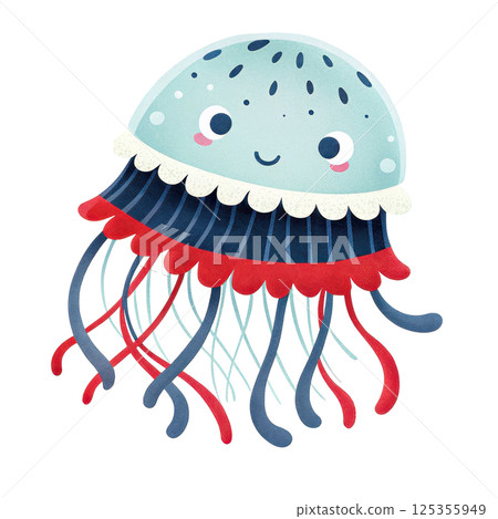 A cheerful and whimsical of a cute smiling cartoon jellyfish swimming in the ocean 125355949