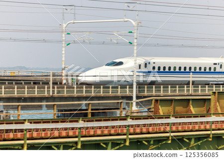 Panning shot of the Tokaido Shinkansen train running over Lake Hamana 125356085