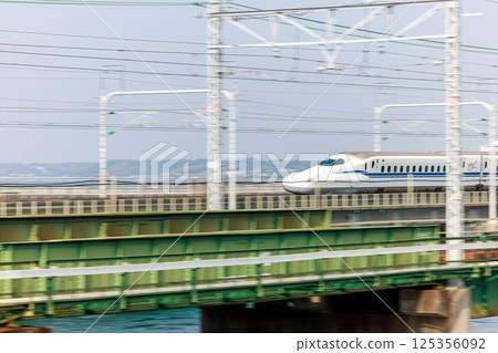 Panning shot of the Tokaido Shinkansen train running over Lake Hamana 125356092