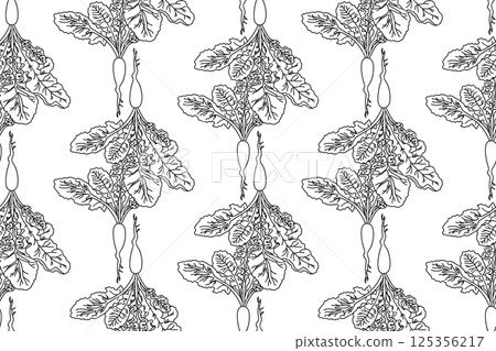 Line art seamless pattern with beets plants vector illustration. Hand drawn outline repeating vegetables pattern background. Graphic design for Cover Coloring Book Textile Fashion Print Card Birthday Line art seamless pattern with beets plants vector illustration. Hand drawn outline repeating vegetables pattern background. Graphic design for Cover Coloring Book Textile Fashion Print Card Birthday 125356217