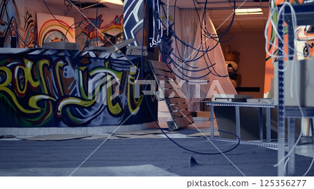 Empty destroyed infrastructure with graffiti street art on walls, concept of alternative lifestyle. Messy base of operations used by hooligans to hangout and commit illegal activities, panning shot 125356277