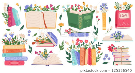 Books with flowers. Beautiful literary volumes, spring mood, romance novels and poetry, blossom plants, knowledge seeds, education botanical elements, cartoon flat isolated recent vector set Books with flowers. Beautiful literary volumes, spring mood, romance novels and poetry, blossom plants, knowledge seeds, education botanical elements, cartoon flat isolated recent vector set 125356540