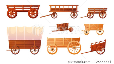 Cartoon wooden wagons. Farm old vehicles, retro carriages with big wheels, wild west horse transport, western wheelbarrow, empty countryside cargo cartwheels classy vector isolated set 125356551
