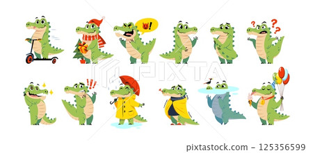 Funny crocodile. Cute animal character, cartoon reptile mascot, green alligator, different actions, poses and emotions, birthday and vacation cartoon flat style isolated tidy vector set Funny crocodile. Cute animal character, cartoon reptile mascot, green alligator, different actions, poses and emotions, birthday and vacation cartoon flat style isolated tidy vector set 125356599