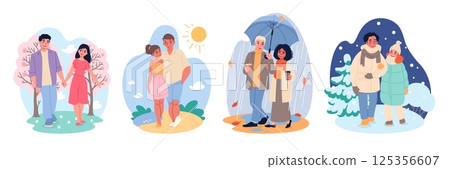 Happy people walk various weather. Romantic couple, different seasons strolls, man and woman in love outdoor pastime, Spring and summer, winter and autumn classy vector cartoon flat set Happy people walk various weather. Romantic couple, different seasons strolls, man and woman in love outdoor pastime, Spring and summer, winter and autumn classy vector cartoon flat set 125356607