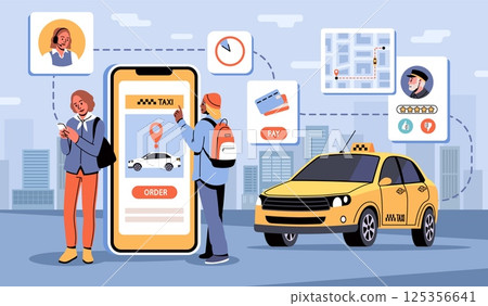 Taxi mobile app. Public transport online service, calling yellow car, people with big smartphone, city street landscape, map, driver rating and pay information, tidy vector cartoon flat concept 125356641
