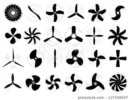 Air propeller icons. Motor blades rotating, turbine rotary, boat motor elements, spinning ventilators silhouettes, conditioning pictogram shape, logo design qualitative vector isolated set 125356647