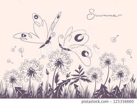 Dandelion silhouettes card. Beautiful flowers, butterflies, flying seeds, ephemeral contours, summer floral background design, monochrome banner, natural meadow, splendid vector concept 125356660