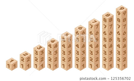Wooden cube children learning set. Counting numbers, math lessons for kids, bricks towers, playful block form of mathematical education, qualitative vector concept isolated on white background 125356702