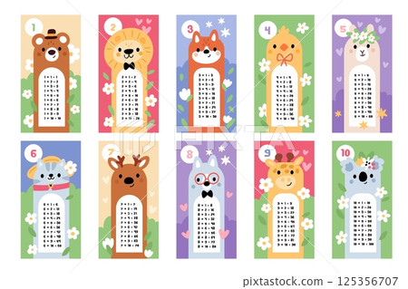 Animals multiplication table. Childish funny educational stickers, mathematics card, learning educational material, school counting bookmarks, cartoon flat isolated garish vector concept Animals multiplication table. Childish funny educational stickers, mathematics card, learning educational material, school counting bookmarks, cartoon flat isolated garish vector concept 125356707