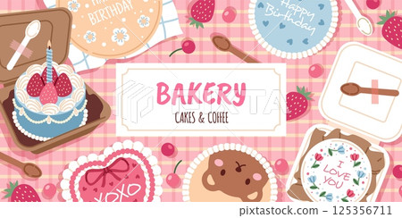 Bento cakes production poster. Little bakery banner, cute korean sweets, sugar and fruits mini biscuits, tasty pastry, background design, cartoon flat style isolated tidy vector concept 125356711