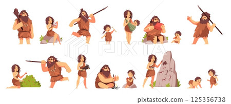 Primitive people characters. Stone age cavemen, men warrior with weapon, women and kids in animal skins, hunting, gathering and everyday life, cartoon flat style isolated tidy vector set 125356738