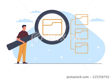 Searching information in database. Man hold hold magnifying glass. Finding documents in internet. Digital electronic catalog organization. Cartoon flat style isolated vector concept 125356742