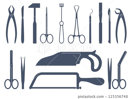 Surgical instrument silhouette set. Medical equipment, different scalpels, expanders and saws for operation. Surgery clamps, forceps and scissors. Amputation tools. Vector objects 125356748