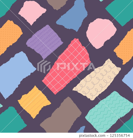 Torn paper pieces seamless pattern. Color cut fragments, random shapes of scraps, repeated collage elements, cute textile, wrapping paper, wallpaper. Print for fabric classy vector background 125356754