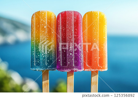 Popsicle with rainbow colors on a long stick on a summer background. Summer fun. Retro style. Popsicle with rainbow colors on a long stick on a summer background. Summer fun. Retro style. 125356892