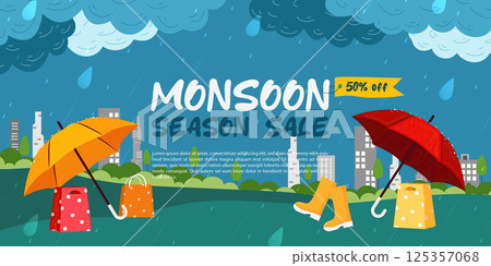 Monsoon Season Sale with 50 percent Off on Select Items, vector illustration 125357068