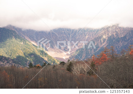 View of mountain and trees in Kamikochi national park in autumn season View of mountain and trees in Kamikochi national park in autumn season 125357143