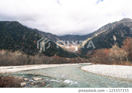 Clear Azusa river water and pine trees in Kamikochi national park in autumn season Clear Azusa river water and pine trees in Kamikochi national park in autumn season 125357155