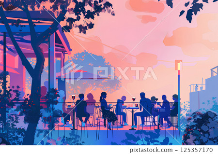A typical summer scene. People relaxing on the terrace of a cafe. 125357170