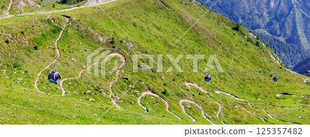 Scenic aerial panoramic view curvy winding serpentine dirt path road alpine mountain peak with green wild grassland meadow and rocky horizon sky landscape. Hill nature scenery hiking route sunny day Scenic aerial panoramic view curvy winding serpentine dirt path road alpine mountain peak with green wild grassland meadow and rocky horizon sky landscape. Hill nature scenery hiking route sunny day 125357482