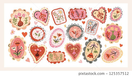 Folk Floral Stickers Set a cozy hand-drawn vector collection of decorative floral labels and folk-style botanical motifs in heart and oval frames. Perfect for scrapbooking, packaging, and crafts. Folk Floral Stickers Set a cozy hand-drawn vector collection of decorative floral labels and folk-style botanical motifs in heart and oval frames. Perfect for scrapbooking, packaging, and crafts. 125357512