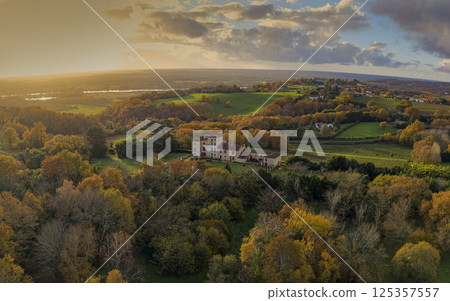 France, Gironde, Tabanac, Aerial view of the vineyard and wooded areas of Chateau le Pic in the 125357557