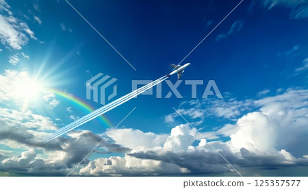 A 3DCG illustration of an airplane flying high in a refreshing blue sky with a rainbow while creating a contrail A 3DCG illustration of an airplane flying high in a refreshing blue sky with a rainbow while creating a contrail 125357577
