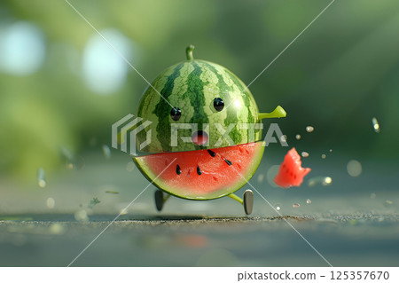 A delicious-looking watermelon running energetically (3D) 125357670