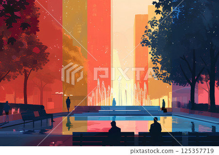 Scenery of a city park with a fountain (pastel colors) 125357719