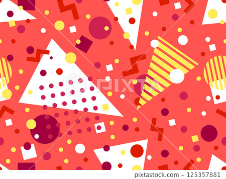 Geometric seamless pattern with memphis elements in 80s style. Colorful pattern with different geometric shapes. Design for packaging, covers, wrapping and promotional products. Vector illustration Geometric seamless pattern with memphis elements in 80s style. Colorful pattern with different geometric shapes. Design for packaging, covers, wrapping and promotional products. Vector illustration 125357881