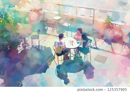 A seasonal sight. Young people relaxing on the terrace of a cafe. 125357905