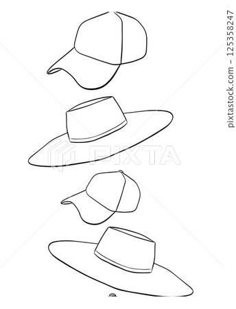 Beach hat and cap seamless Vertical border. Vector graphic line ink pattern For vacation poster, beach party invitation, backdrop, ad, sale promotion, print for t-shirt 125358247
