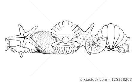 Sea shell close up seamless horizontal border. Vector graphic line ink pattern, summer background, great for textiles, banners, wallpapers. for banners, print for fabric, labels, t-shirt printing. Sea shell close up seamless horizontal border. Vector graphic line ink pattern, summer background, great for textiles, banners, wallpapers. for banners, print for fabric, labels, t-shirt printing. 125358267